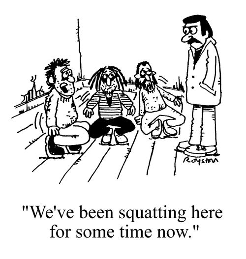 crusties crouched on floor, "We've been squatting here for some time now"