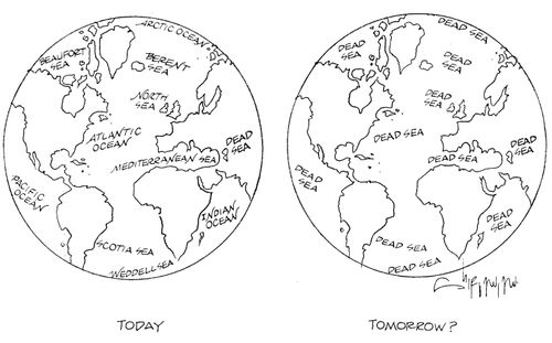 Shows the worlds oceans becoming dead sea's in the future.