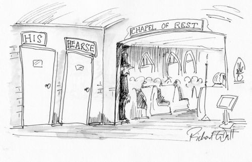 Funeral chapel toilets labelled His and Hearse