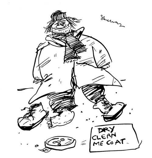 Tramp with sign saying 'Dry clean me coat'.