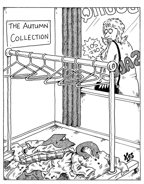 'Autumn collection' with clothes fallen off rails like leaves.