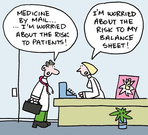 "Medicine by mail...I'm worried about the risk to patients!"  "I'm worried about the risk to my balance sheet!"