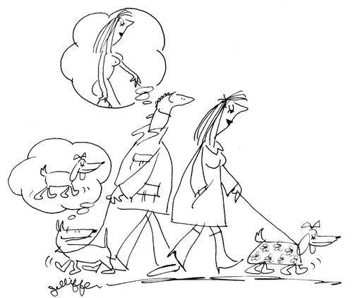 Man eyeing up woman walking dog, while his dog is eyeing up her dog.