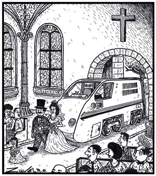 Visual Gag: An about to be married Bride using a real train as a wedding gown train