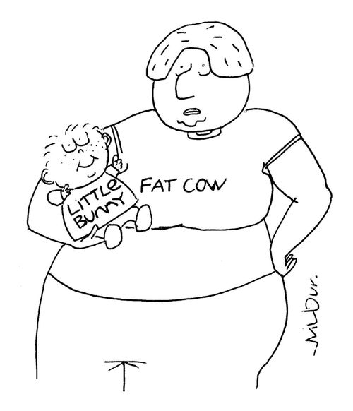 Mother and Baby wearing 'fat cow' and 'little bunny' t-shirts.