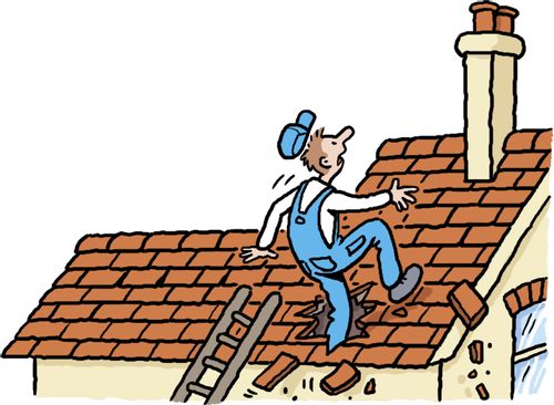 Workman puts his foot through the roof of a house.