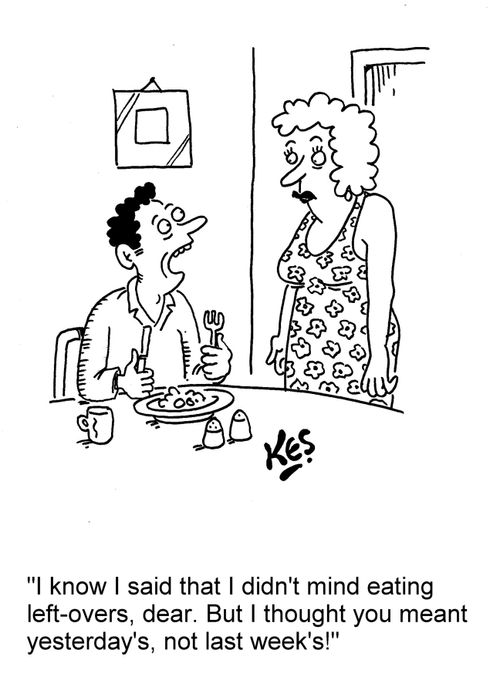 'I know I said that I didn't mind eating left-overs, dear. But I thought you meant yesterday's, not last week's!'