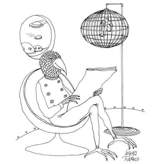 Bird has Man in Cage.