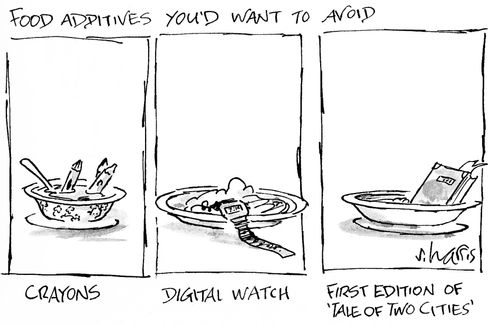 'Food additives you'd want to avoid - crayons, digital watch, first edition of 'Tale of Two Cities'.