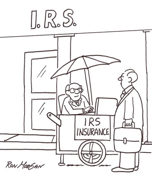 Man sells IRS insurance outside IRS building.