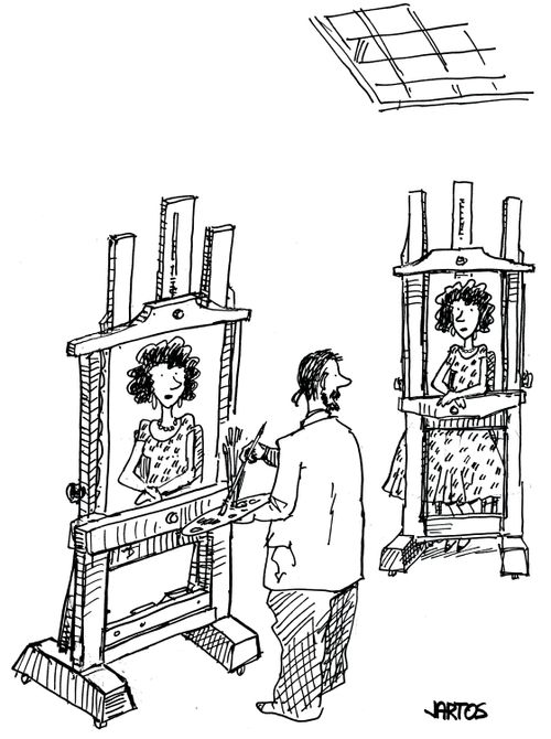 Artist's model posing for a painting through an easel.