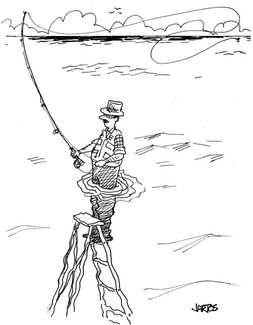 Man fishing from a step ladder in the water.