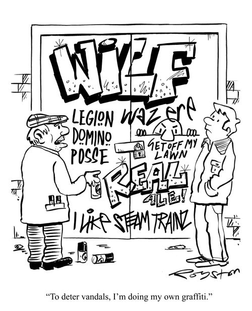 Graffiti about dominoes, beer etc. Old man says: 'To deter vandals, I'm doing my own graffiti.'