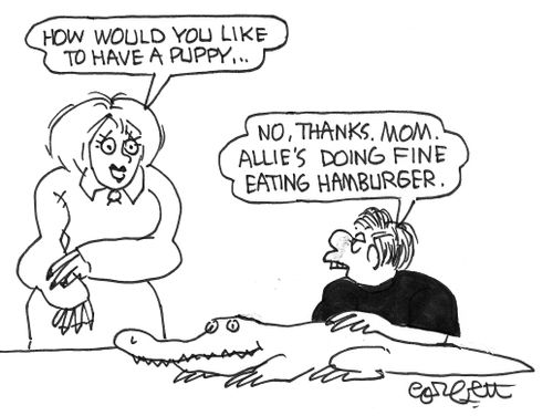 'No, thanks. Mom. Allie's doing fine eating hamburger.'