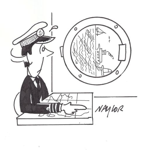 Captain looks out of a porthole and notices that the ship is sinking.