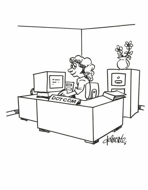 A secretary at a desk with a nameplate the says Dot Com.
