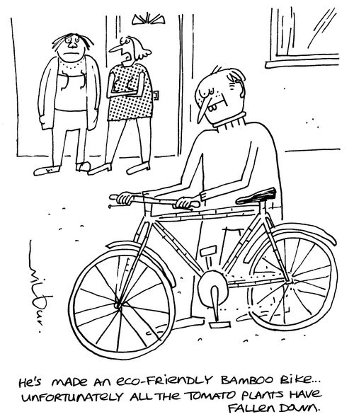 'He's made an eco-friendly bamboo bike... unfortunately all the tomato plants have fallen down.'