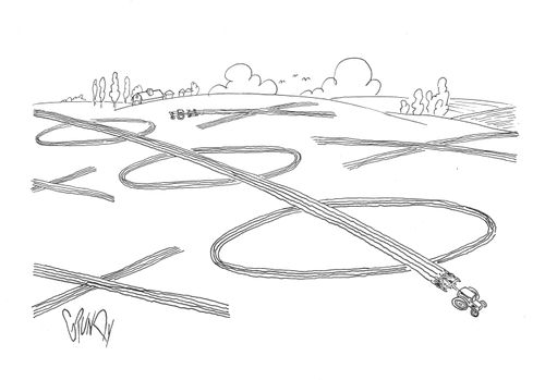 Tractors play tic-tac-toe while plowing field.