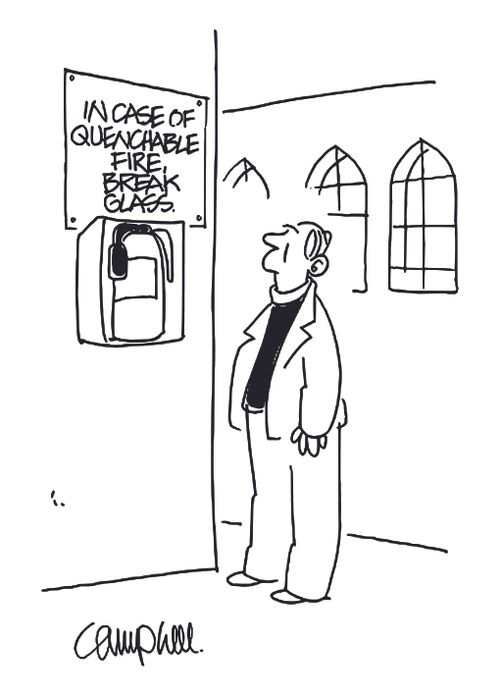 Priest reads sign above fire extinguisher that says: 'In case of quenchable fire, break glass'.