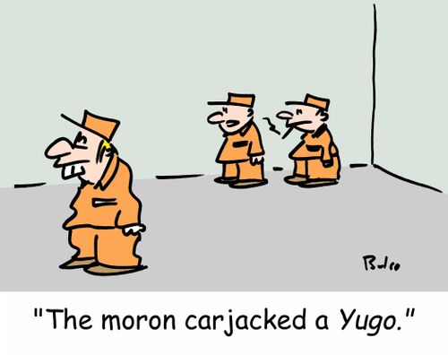 'The moron carjacked a Yugo.'