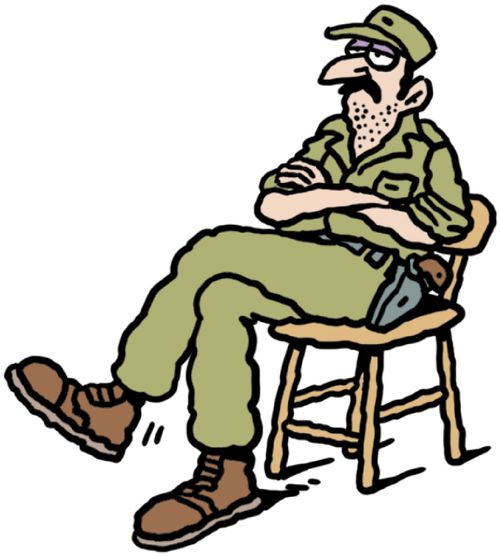 A bored unshaven guard sat on a chair.