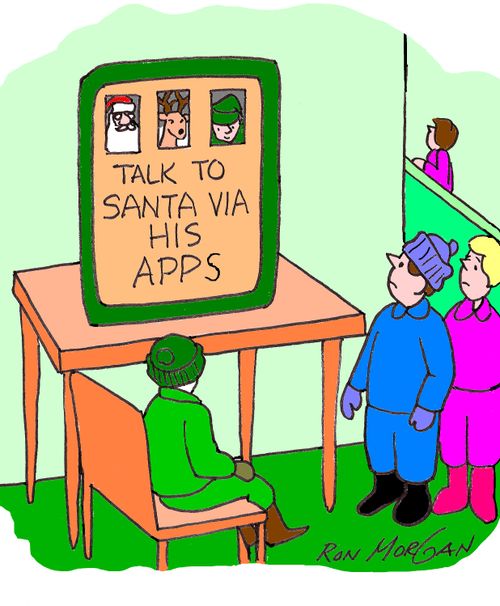 Children talk to Santa in mall via his telephone app.