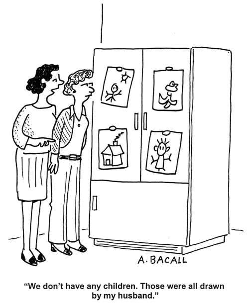 Woman showing her friend her husbands drawings.
