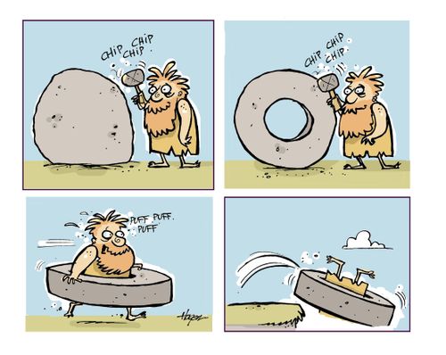 Caveman chipping out wheel, then trying to fly.