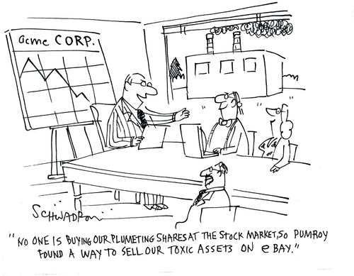 'No one is buying our plummeting shares at the stock market, so Pumroy found a way to sell our toxic assets on Ebay.'