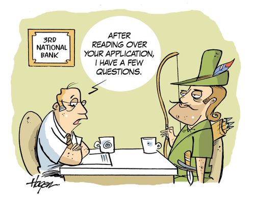 Robin Hood Applies for a Job at the Bank.