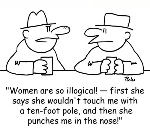 'Women are so illogical! -- first she says she wouldn't touch me with a ten-foot pole, and then she punches me in the nose!'
