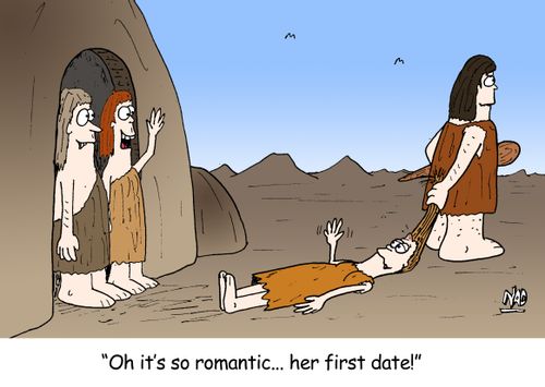 Caveman parents wave to their daughter as she is clubbed and dragged off by a caveman - 'Oh it's so romantic... her first date!'