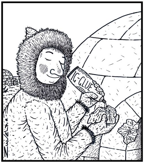 An EskimoInuit gluing back a piece of broken Igloo with some special glue for Igloos