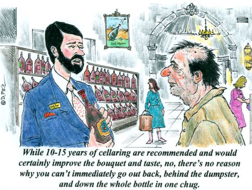 'While 10-15 years of cellaring are recommended and would certainly improve the bouquet and taste, no, there'sno reason why you can't go out back, behind the dumpster and down the whole thing in 1 chug.'