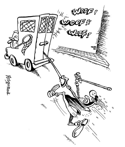 Blind man being dragged along by the dog catches van as his guidedog is in the back still attached to the lead