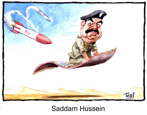 Saddam Hussein escaping on a magic carpet.