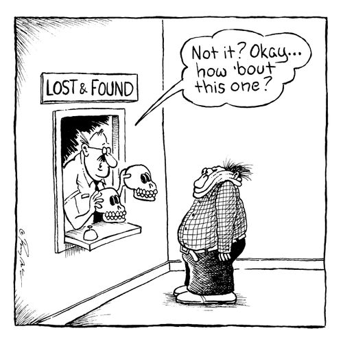 Man with a flat head looking for his skull at the lost and found department