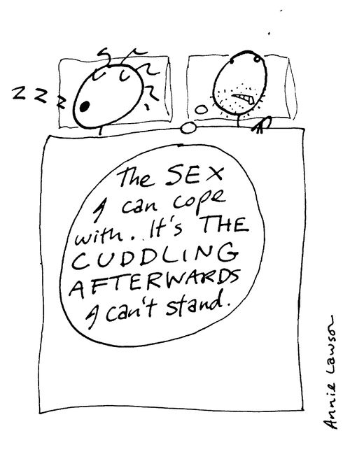Man thinking - "The sex I can cope with. It's the cuddling afterwards I can't stand."