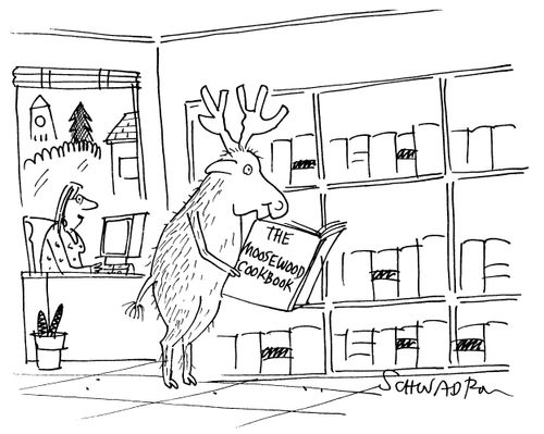 Moose reading 'The Moosewood Cookbook'.