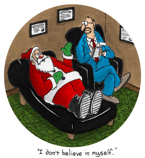 Santa saying to shrink - "I don't believe in myself."