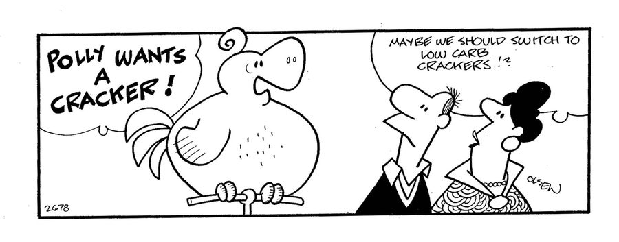 'Maybe we should switch to low carb crackers?!' - Fat parrot wants a cracker.