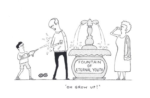 'Oh grow up !'  (Child annoying old couple drinking from fountain of youth).
