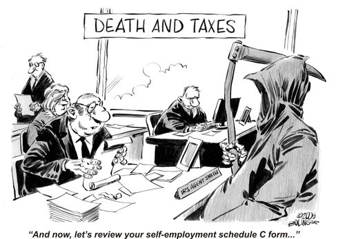 IRS agent saying 'And now, let's review your self-employment schedule C form...'