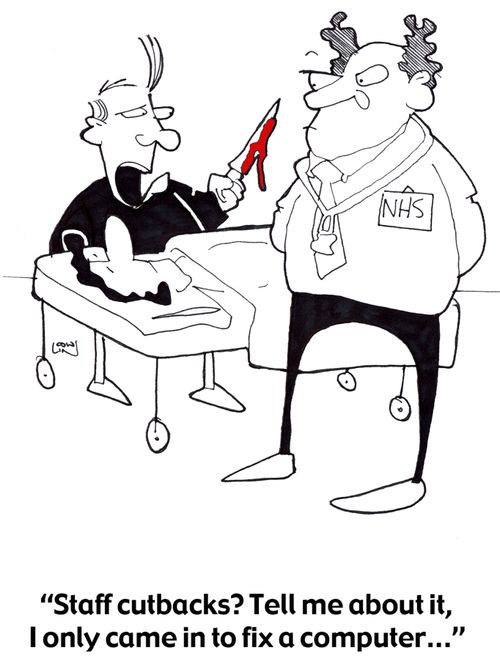 'Staff cutbacks? Tell me about it, I only came in to fix a computer...'