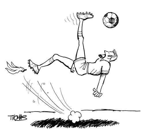 Soccer player upside down in air, slipped on a banana peel.