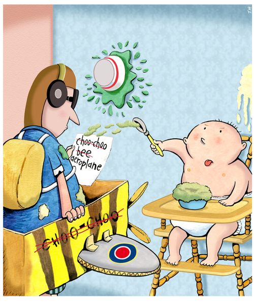 Parent is going to elaborate lengths to get the baby to eat.