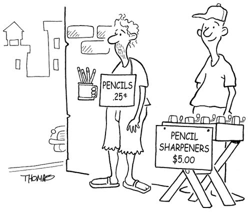 Man outselling his competitor on street corner.