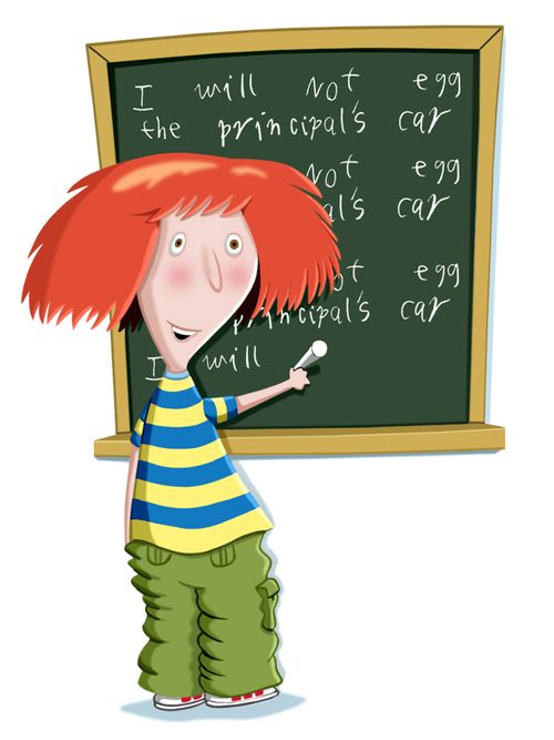 Student writing on blackboard - I will not egg the principal's car.