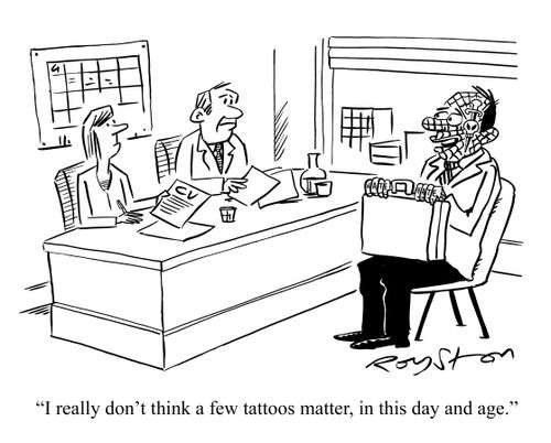 Man at job interview has spider-web, skull and dagger cartoons on his face. He says: 'I really don't think a few tattoos matter, in this day and age.'