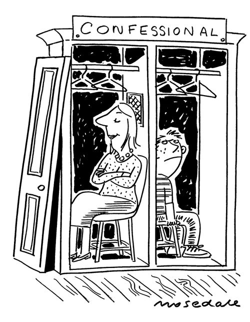 Mother using converted wardrobe as confessional for son.